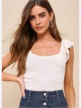 Lulus White Knit Square-Neck Flutter Sleeve Shoulder Tank Top